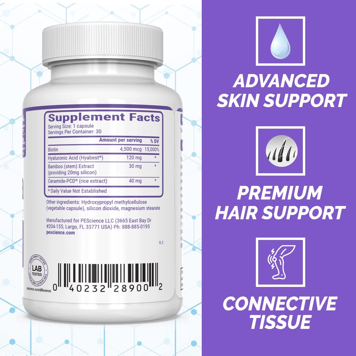 Daily Hyaluronic Acid Blend for Hair, Skin, and Nails - PEScience Renuvia, 30 Capsules