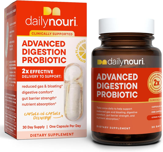 Daily Nouri Digestion Probiotic Capsules for Gut Health, Gas & Bloating Relief - Women & Men - 3 Probiotic Strains & Vegan Omega Oil - 30-Day Supply