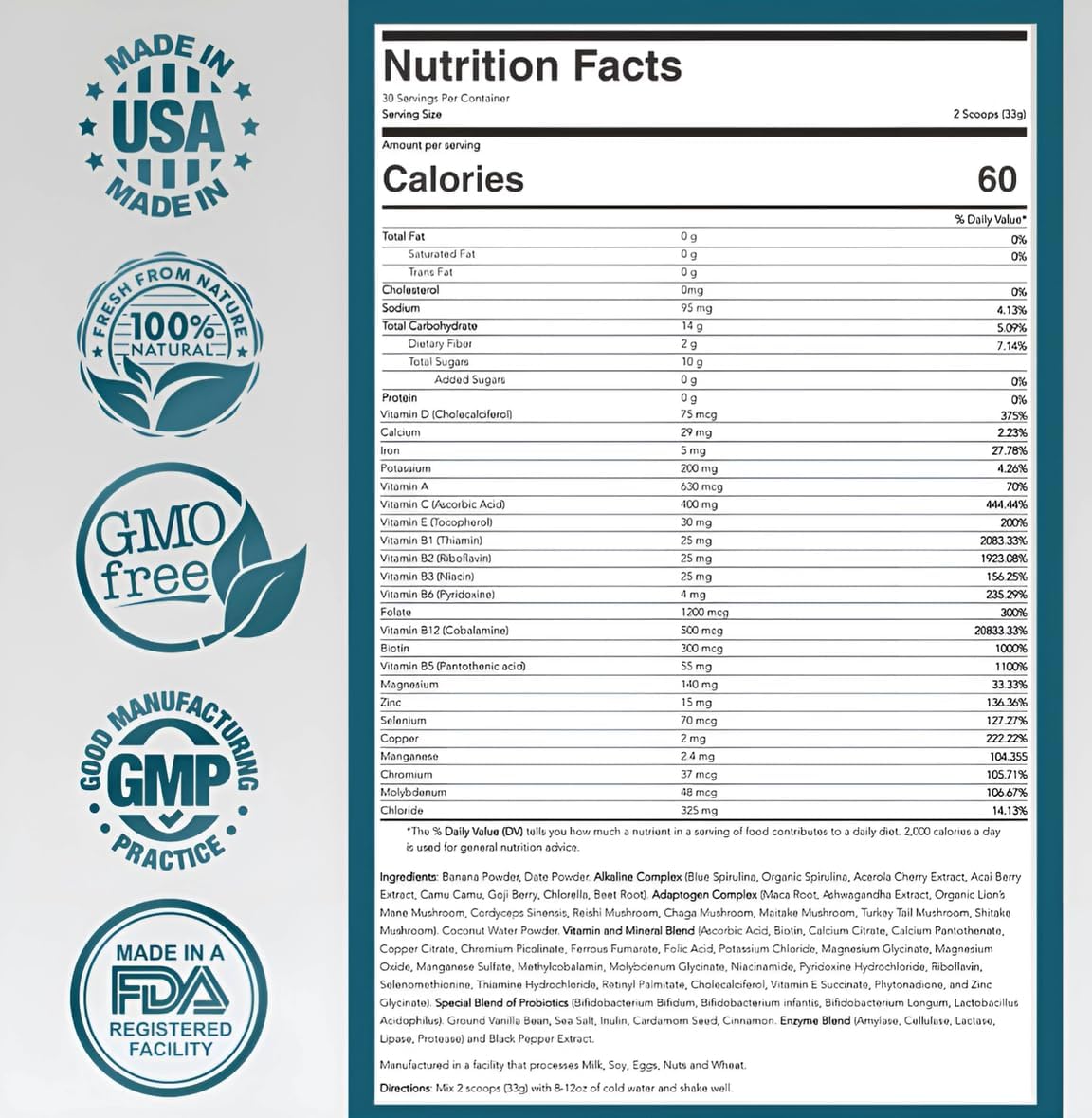 Daily Superfood Complex Powder with 60+ Vitamins, Minerals, Stress Adaptogens, Probiotics - 30 Servings