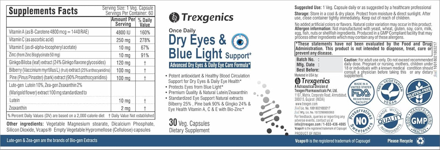 Daily Vegetarian Formula with Lutein, Zeaxanthin, and Bilberry for Dry Eyes and Blue Light Support (30 Veg Capsules)