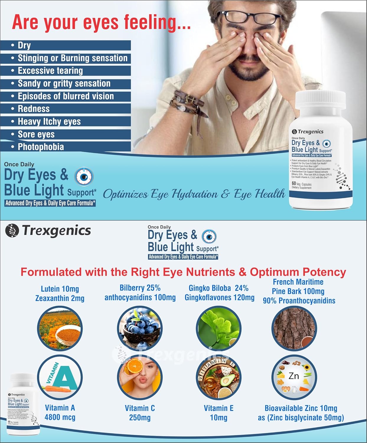 Daily Vegetarian Formula with Lutein, Zeaxanthin, and Bilberry for Dry Eyes and Blue Light Support (30 Veg Capsules)