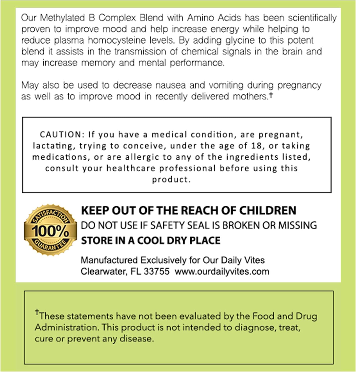 Daily Vites L-Methylfolate B Complex with Amino Acids - Active Folate, Methylated B12, B6 - 60 Count