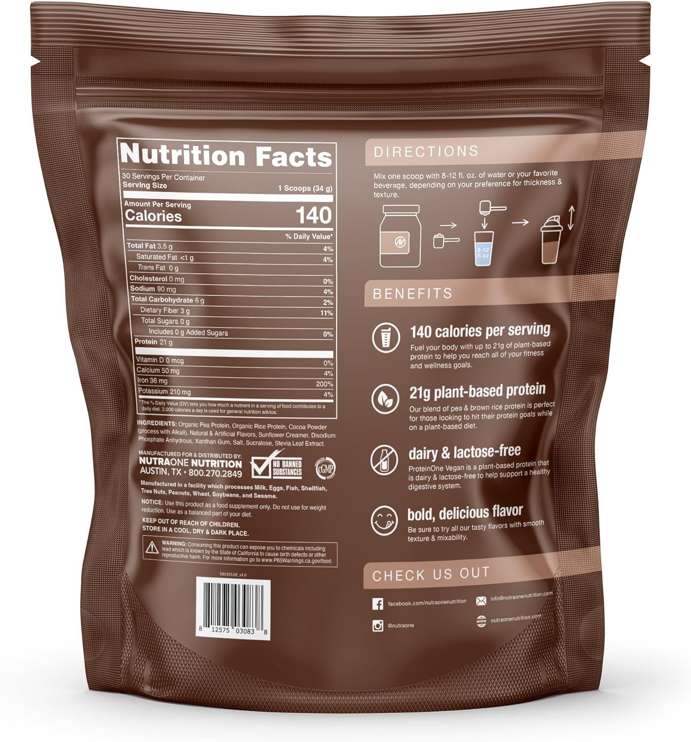 Dairy-Free Chocolate Milk Vegan Protein Powder with Pea and Rice Protein - NutraOne ProteinOne