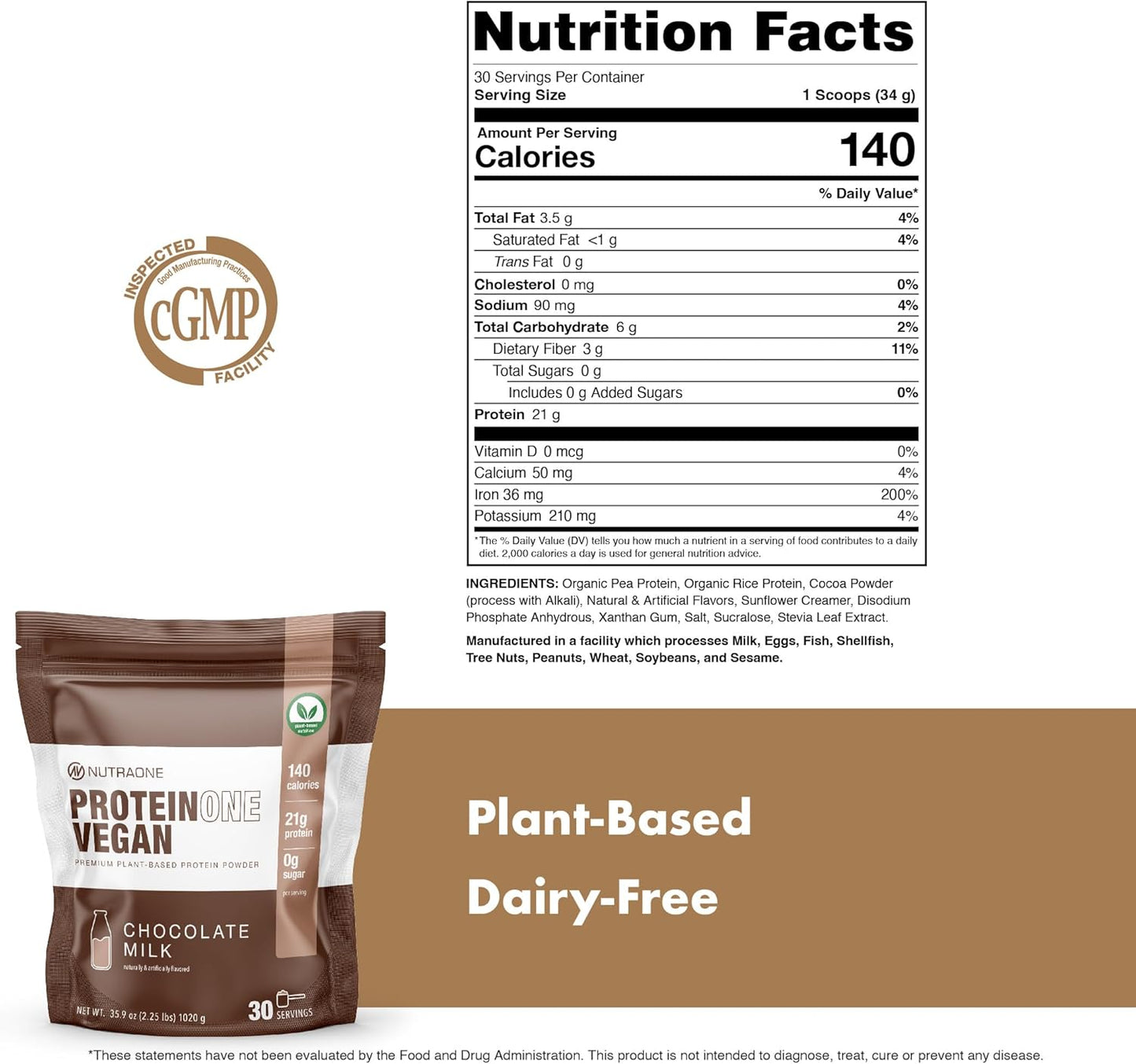Dairy-Free Chocolate Milk Vegan Protein Powder with Pea and Rice Protein - NutraOne ProteinOne