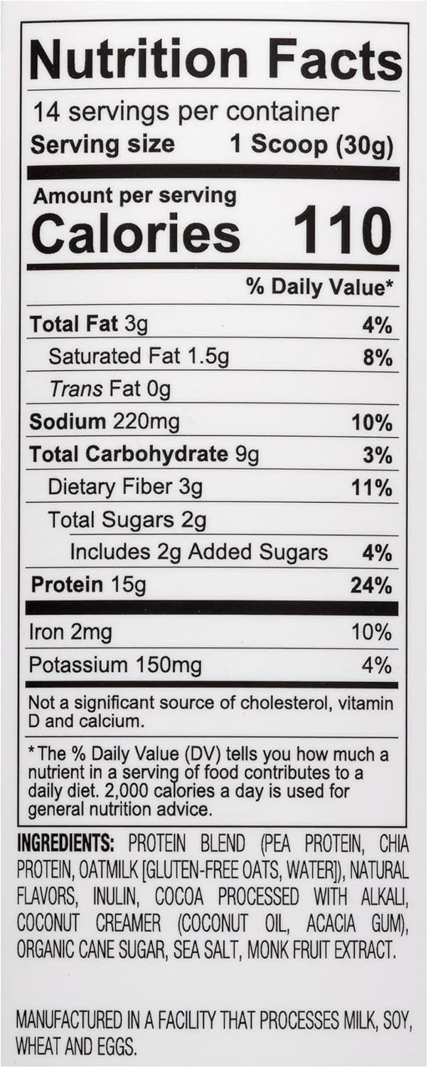 Dairy-Free Chocolate Plant-Based Protein Powder for Women - Non-GMO Pea & Chia Seed Protein, Oat Milk, Gluten-Free, Kosher - 14 Servings, 15g Protein