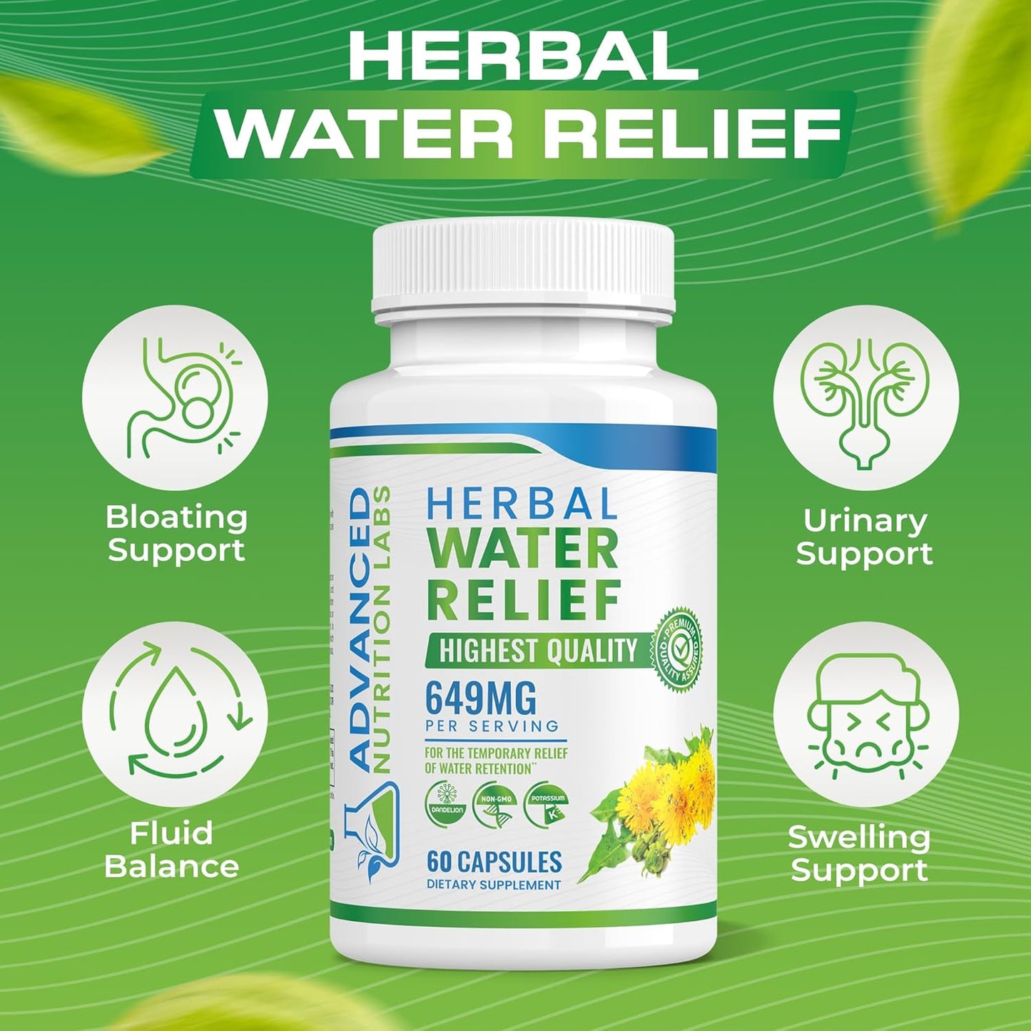 Dandelion Extract Diuretic Water Pills for Water Retention & Bloating - Natural Water Relief Supplement for Swollen Legs & Feet - 60 Capsules