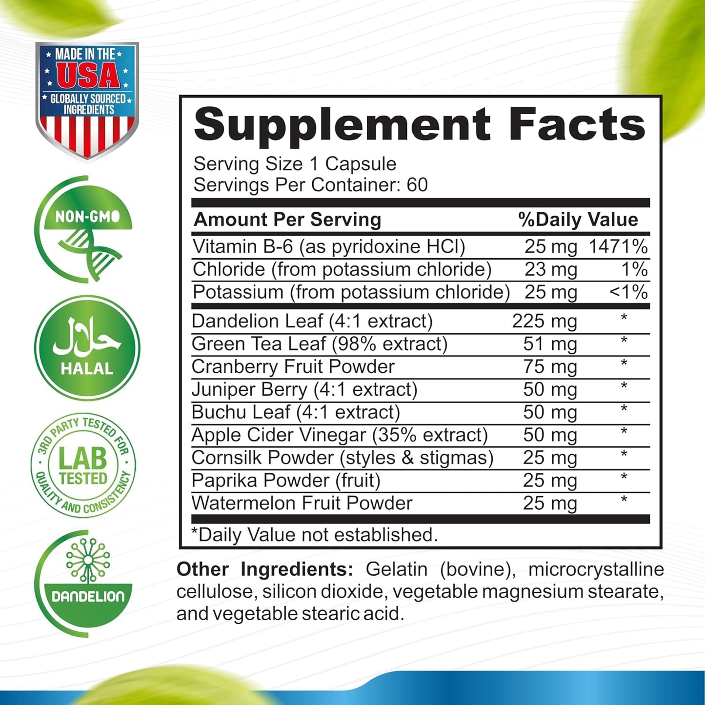 Dandelion Extract Diuretic Water Pills for Water Retention & Bloating - Natural Water Relief Supplement for Swollen Legs & Feet - 60 Capsules
