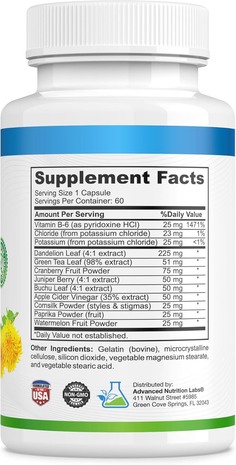 Dandelion Extract Diuretic Water Pills for Water Retention & Bloating - Natural Water Relief Supplement for Swollen Legs & Feet - 60 Capsules
