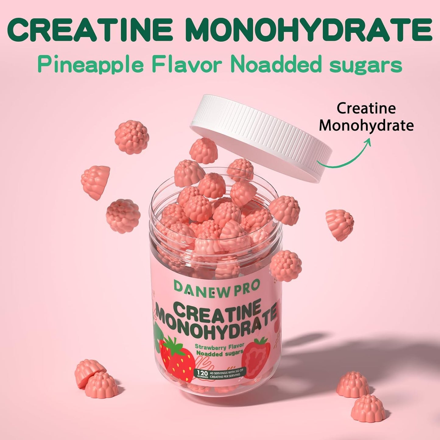Danew Pro Creatine Monohydrate Gummies - 5000mg Muscle Strength & Energy Boost - Pre-Workout Supplement for Men & Women (120 Count, Strawberry)