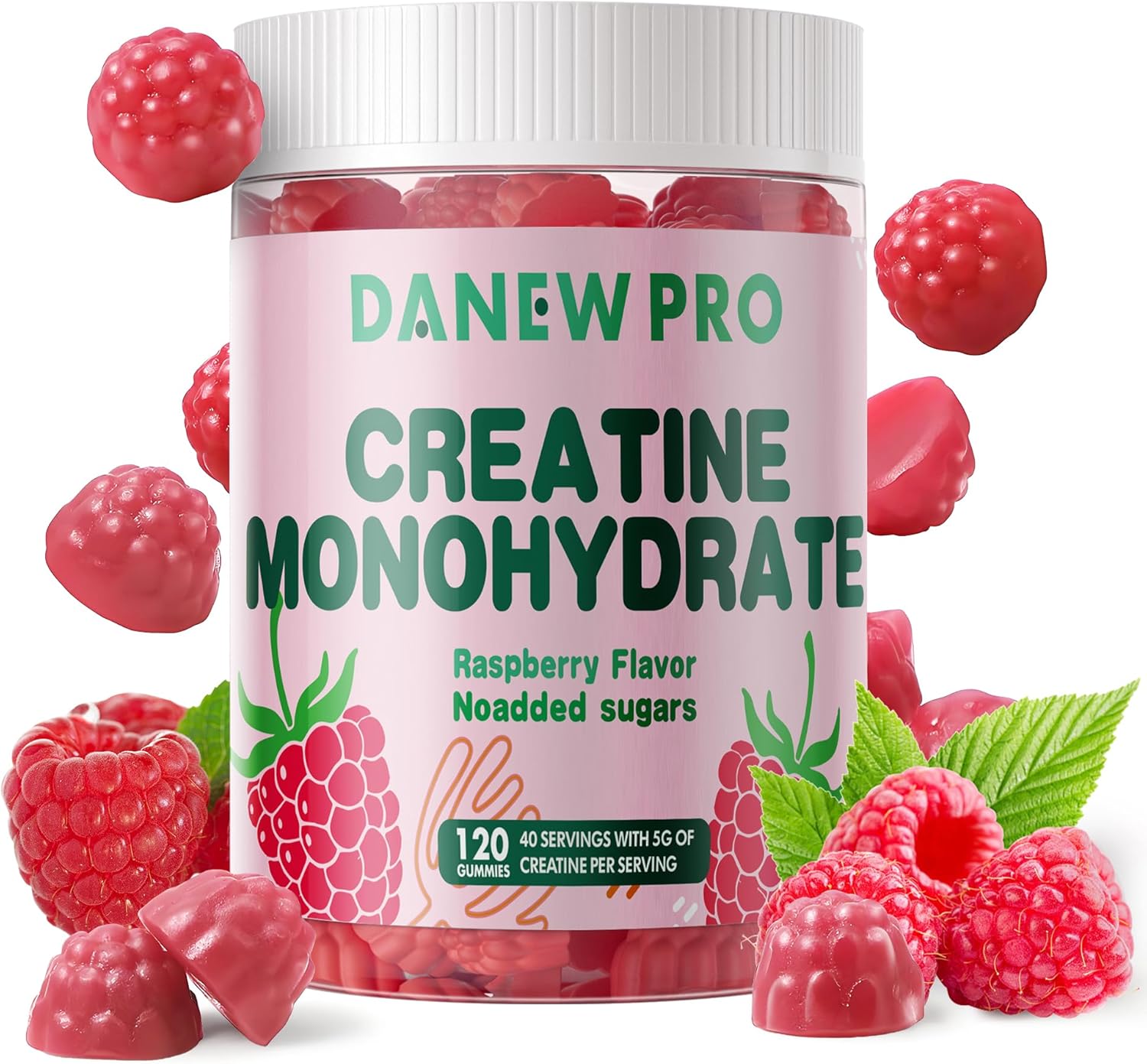 Danew Pro Creatine Monohydrate Gummies - 5g Per Serving, Sugar-Free, Vegan, Raspberry Flavor - 120 Count for Men and Women