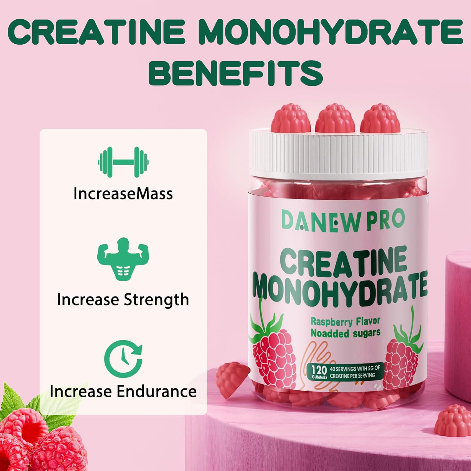 Danew Pro Creatine Monohydrate Gummies - 5g Per Serving, Sugar-Free, Vegan, Raspberry Flavor - 120 Count for Men and Women