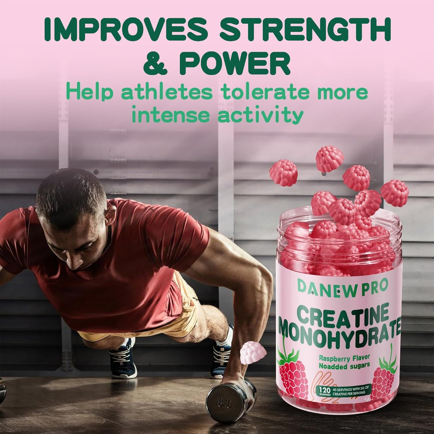 Danew Pro Creatine Monohydrate Gummies - 5g Per Serving, Sugar-Free, Vegan, Raspberry Flavor - 120 Count for Men and Women