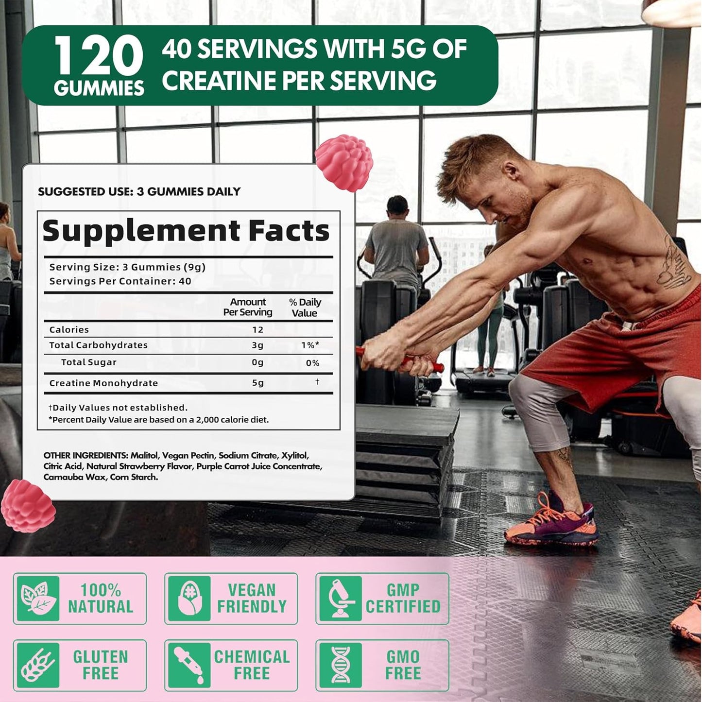 Danew Pro Creatine Monohydrate Gummies - 5g Per Serving, Sugar-Free, Vegan, Raspberry Flavor - 120 Count for Men and Women