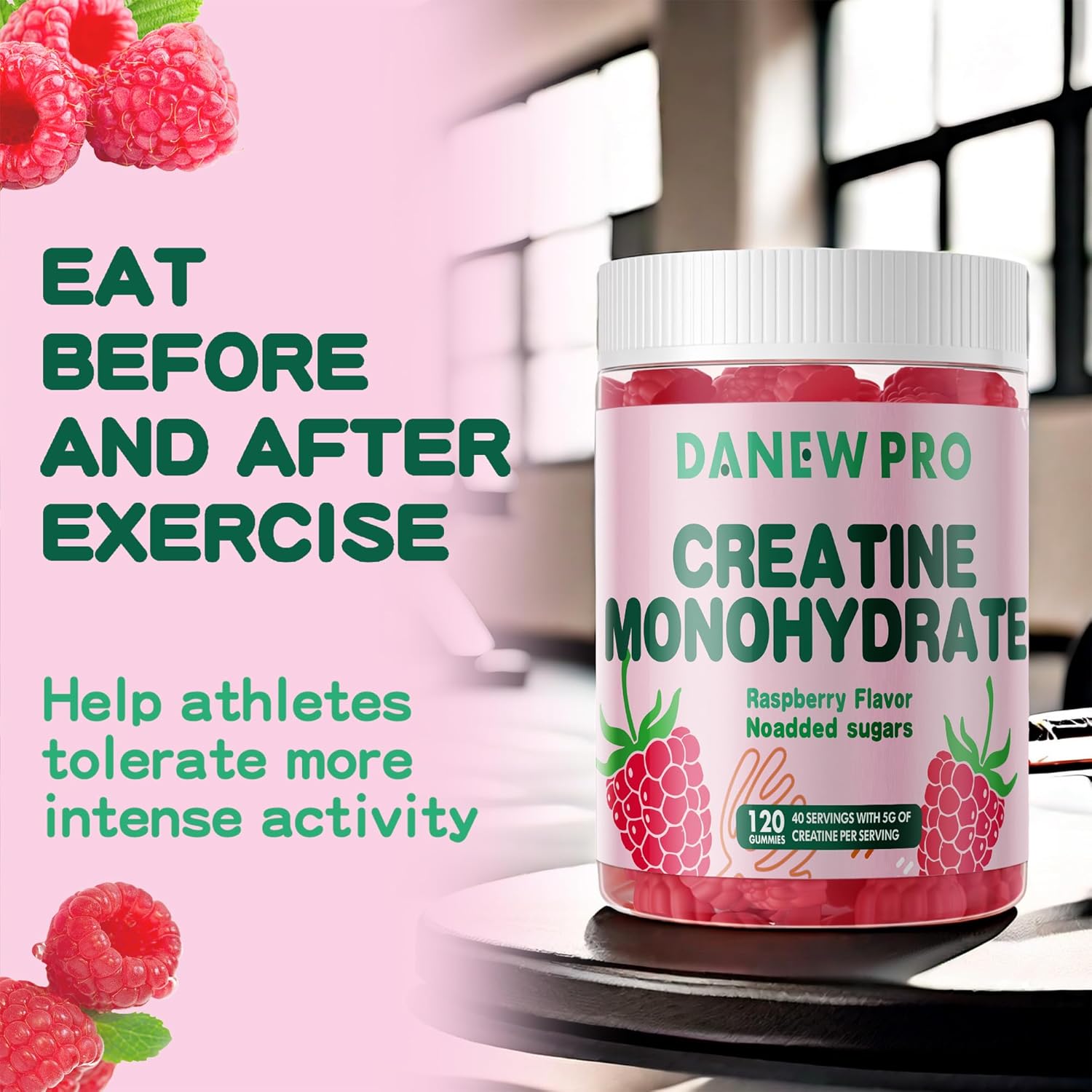 Danew Pro Creatine Monohydrate Gummies - 5g Per Serving, Sugar-Free, Vegan, Raspberry Flavor - 120 Count for Men and Women