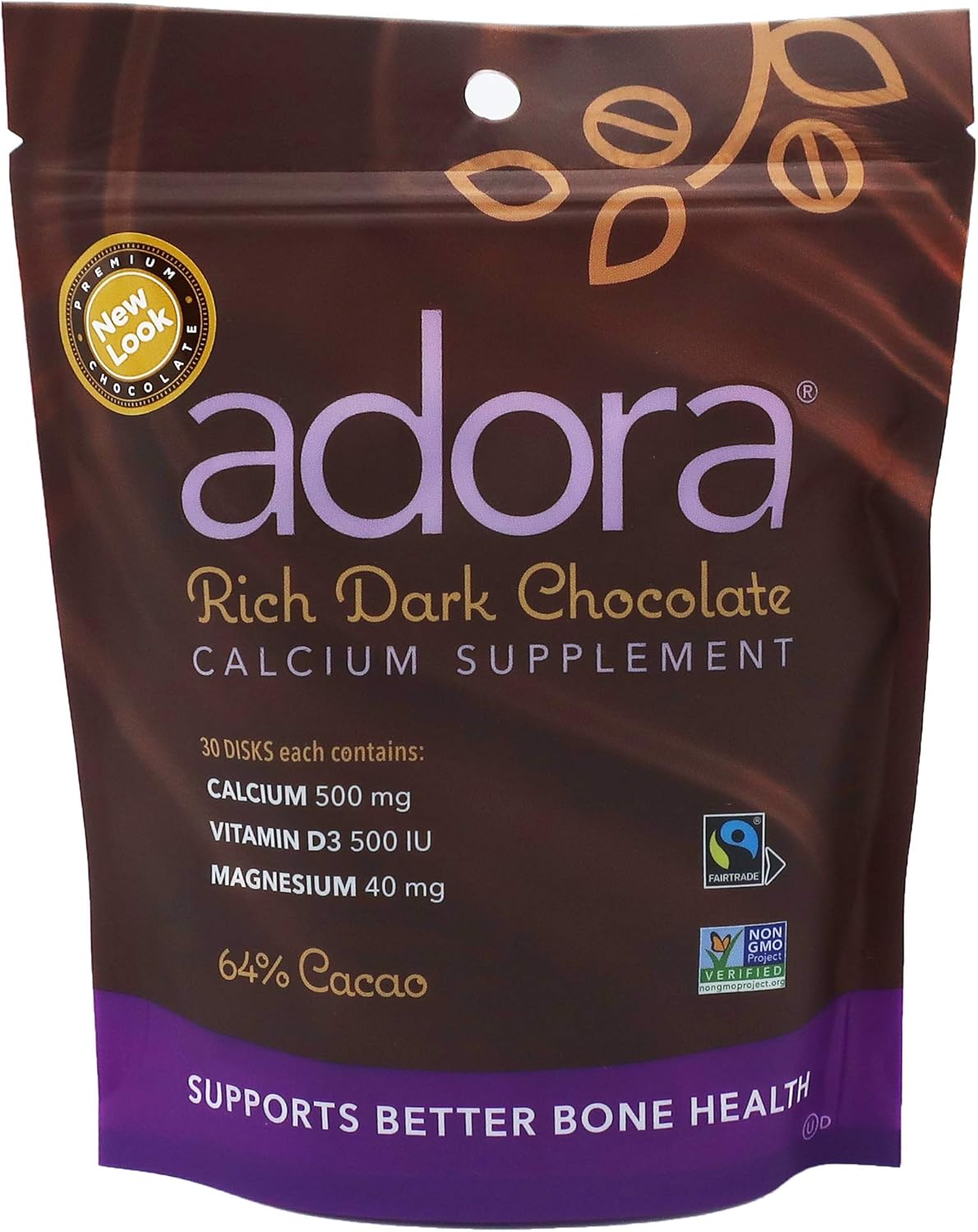 Dark Chocolate Adora Calcium Supplement Disk - 30 Count, 500 mg - Delicious & Effective