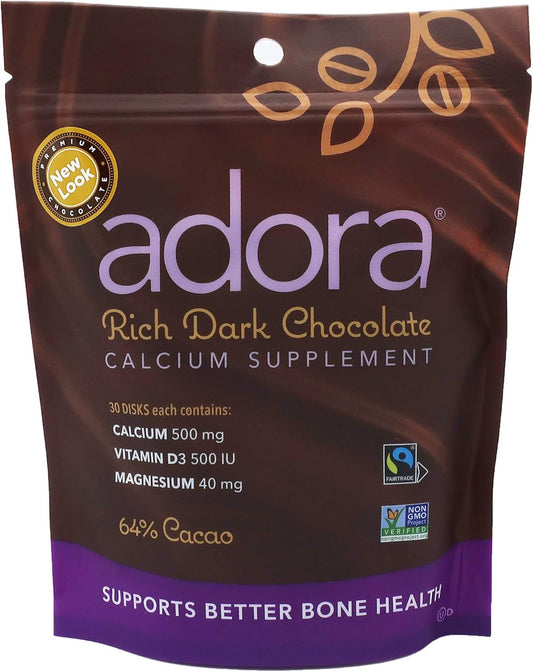 Dark Chocolate Adora Calcium Supplement Disk - 30 Count, 500 mg - Delicious & Effective