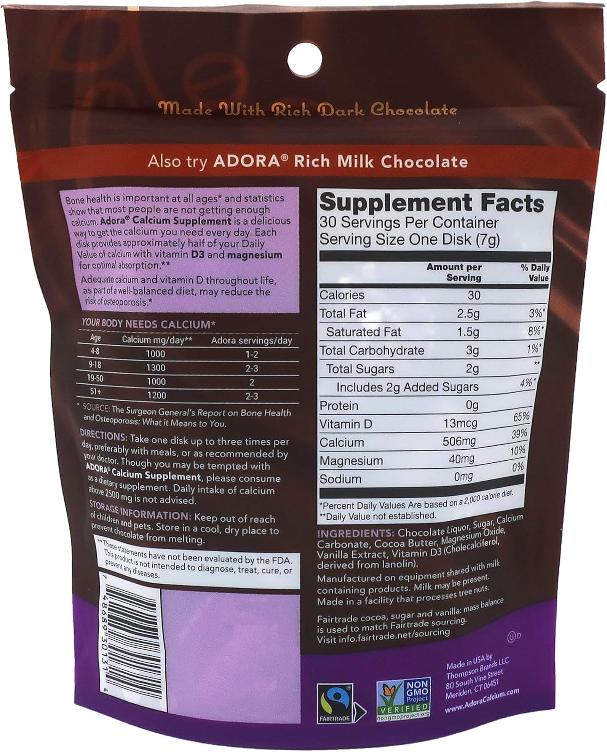 Dark Chocolate Adora Calcium Supplement Disk - 30 Count, 500 mg - Delicious & Effective