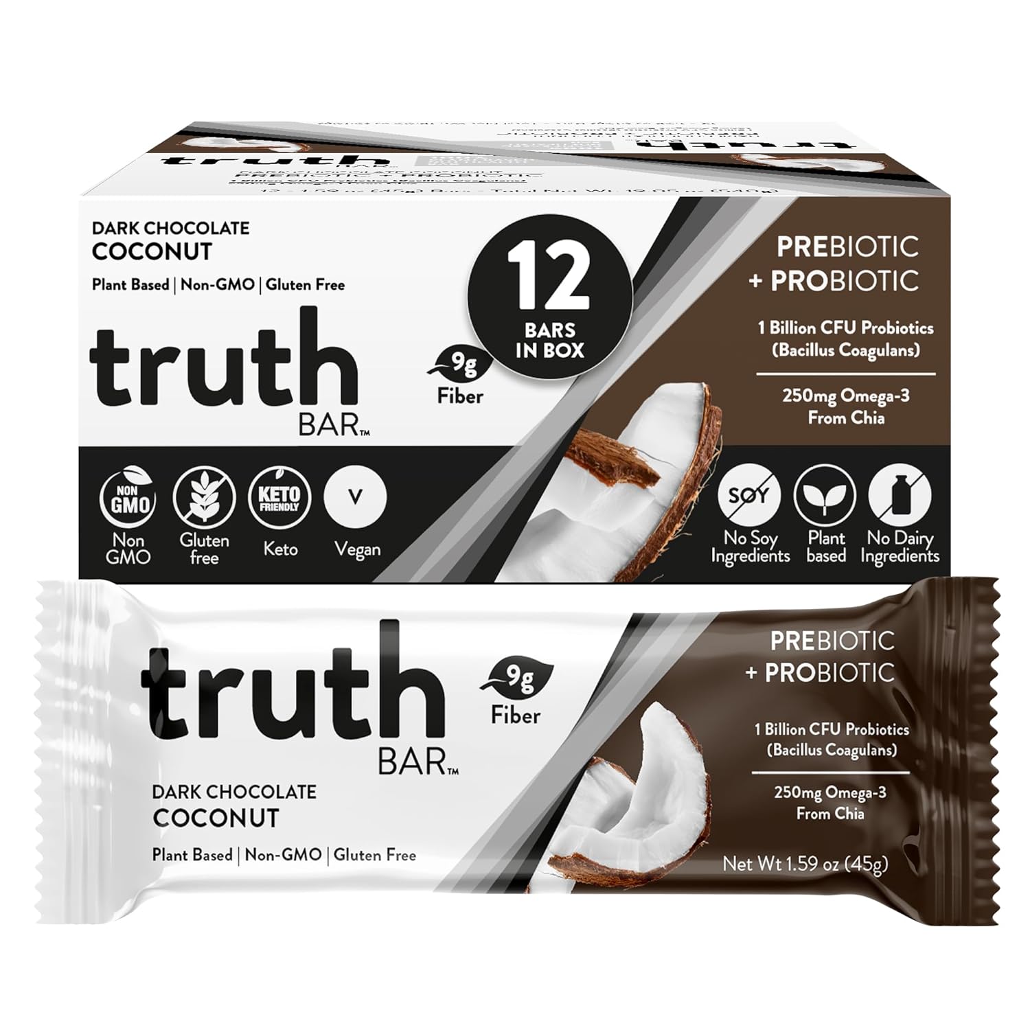 Dark Chocolate Coconut Truth Bar - Vegan Keto Snack with Prebiotics, Probiotics & Omega-3 - High Fiber, Low Sugar, Gluten Free (12 Pack)