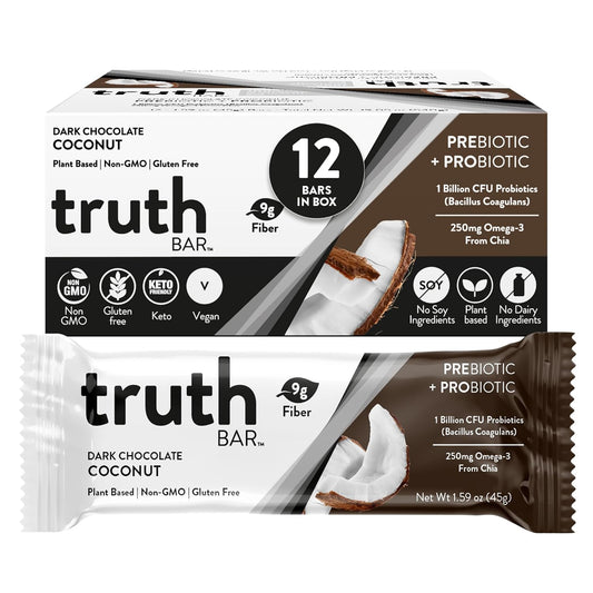 Dark Chocolate Coconut Truth Bar - Vegan Keto Snack with Prebiotics, Probiotics & Omega-3 - High Fiber, Low Sugar, Gluten Free (12 Pack)