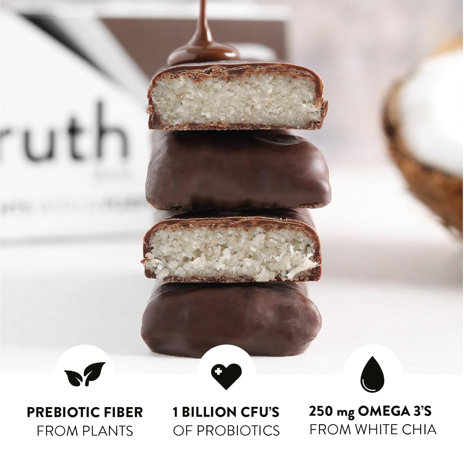Dark Chocolate Coconut Truth Bar - Vegan Keto Snack with Prebiotics, Probiotics & Omega-3 - High Fiber, Low Sugar, Gluten Free (12 Pack)