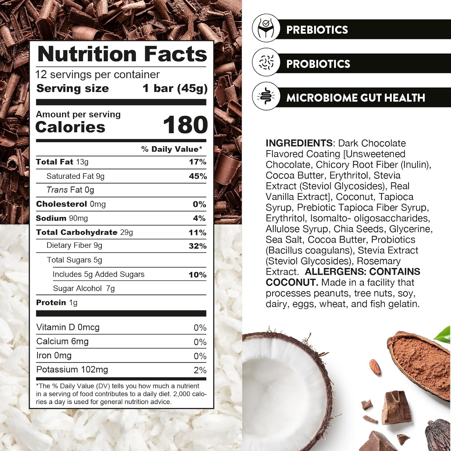 Dark Chocolate Coconut Truth Bar - Vegan Keto Snack with Prebiotics, Probiotics & Omega-3 - High Fiber, Low Sugar, Gluten Free (12 Pack)