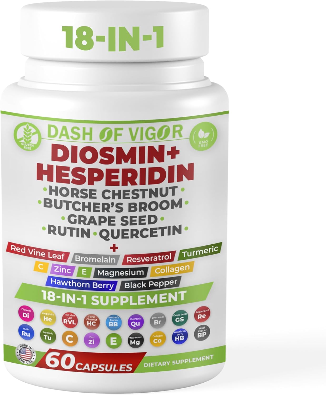 DASH OF VIGOR Diosmin Hesperidin Supplement with Quercetin, Zinc, Vitamin C, Rutin, Horse Chestnut Extract, Butcher's Broom Extract - 60 Capsules