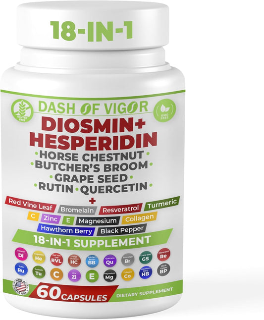 DASH OF VIGOR Diosmin Hesperidin Supplement with Quercetin, Zinc, Vitamin C, Rutin, Horse Chestnut Extract, Butcher's Broom Extract - 60 Capsules