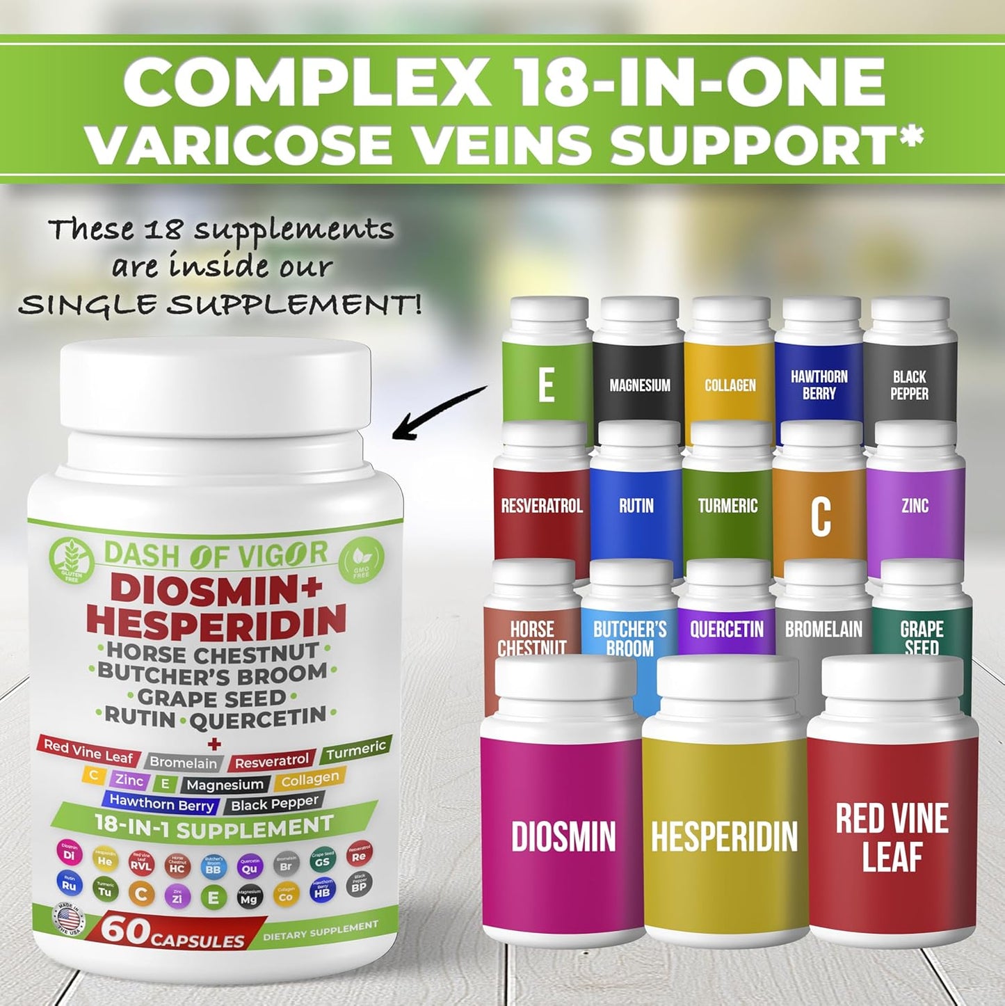 DASH OF VIGOR Diosmin Hesperidin Supplement with Quercetin, Zinc, Vitamin C, Rutin, Horse Chestnut Extract, Butcher's Broom Extract - 60 Capsules