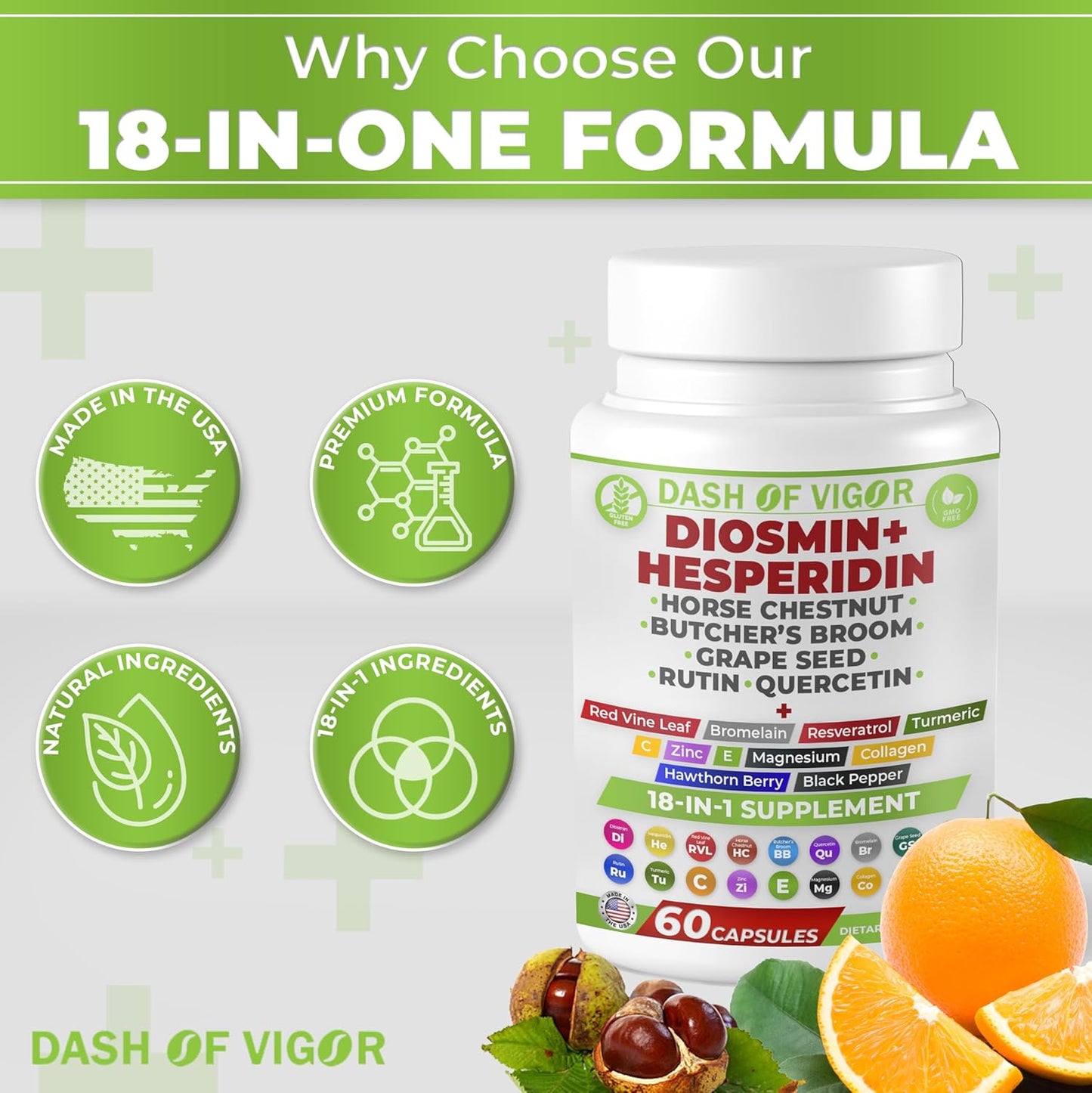DASH OF VIGOR Diosmin Hesperidin Supplement with Quercetin, Zinc, Vitamin C, Rutin, Horse Chestnut Extract, Butcher's Broom Extract - 60 Capsules