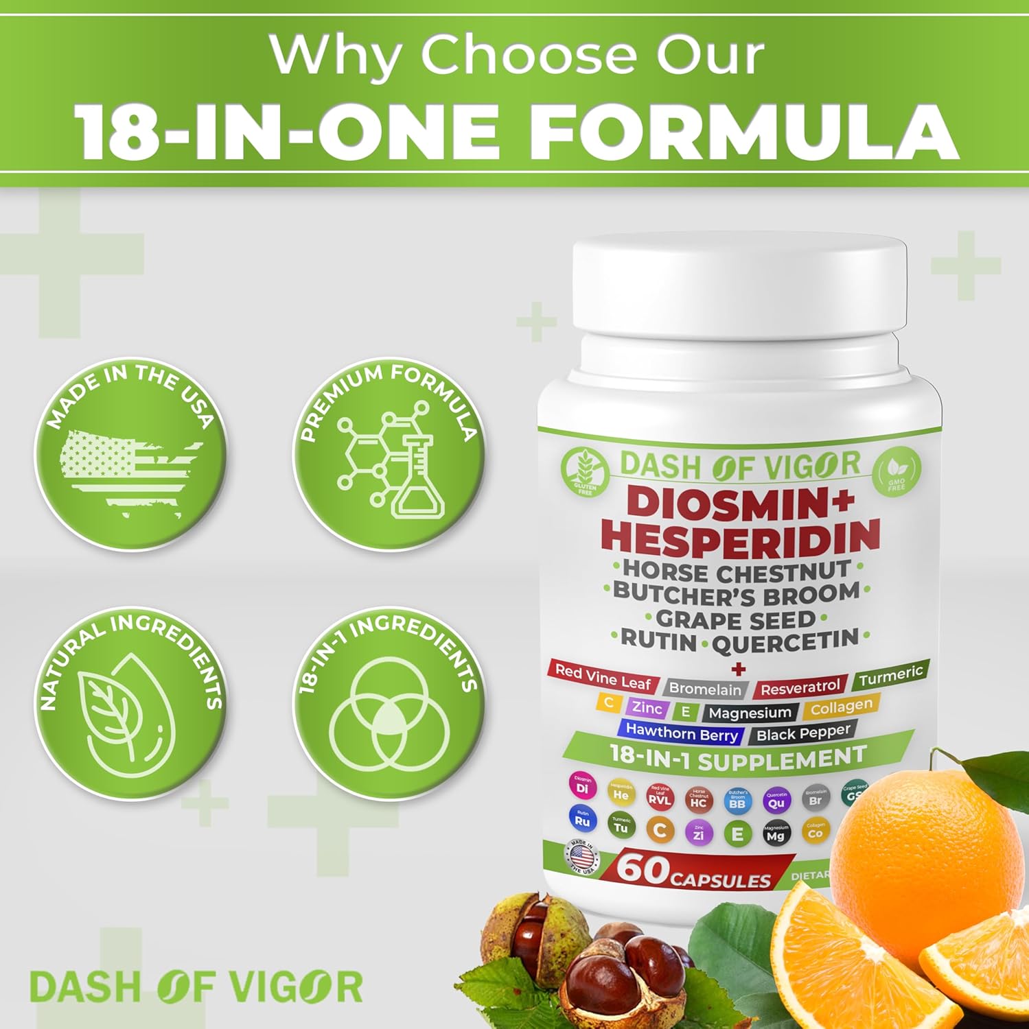 DASH OF VIGOR Diosmin Hesperidin Supplement with Quercetin, Zinc, Vitamin C, Rutin, Horse Chestnut Extract, Butcher's Broom Extract - 60 Capsules