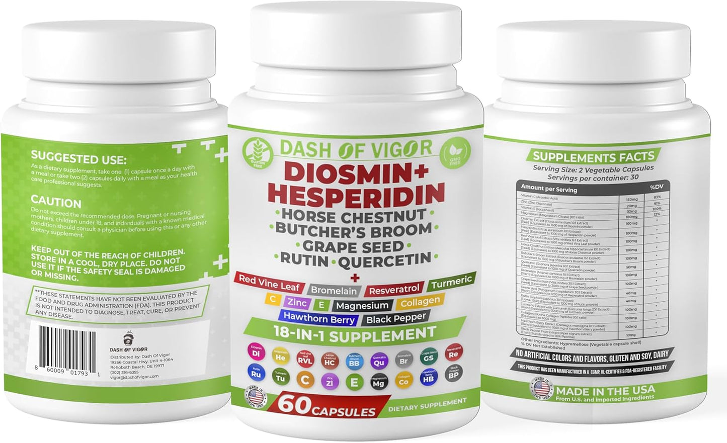 DASH OF VIGOR Diosmin Hesperidin Supplement with Quercetin, Zinc, Vitamin C, Rutin, Horse Chestnut Extract, Butcher's Broom Extract - 60 Capsules