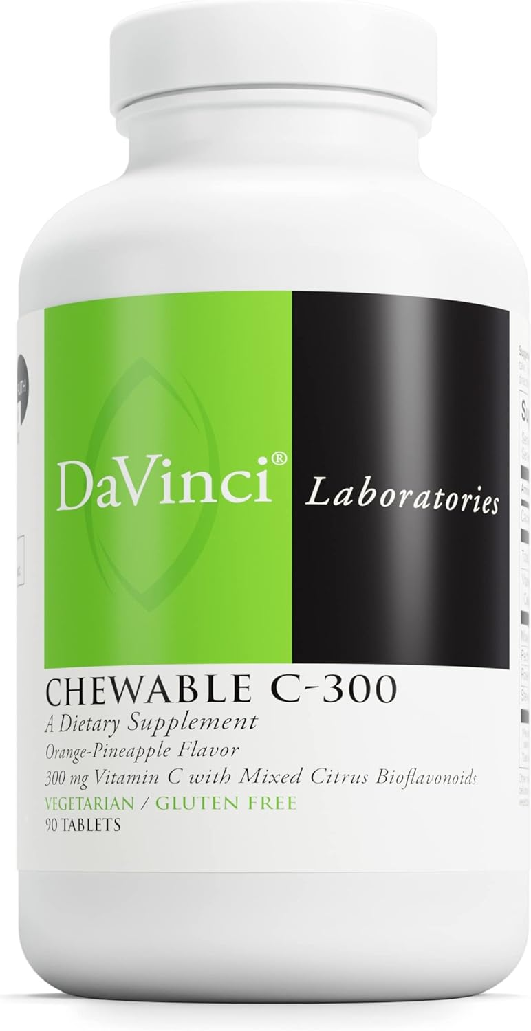 DaVinci Labs Chewable C-300 - Immune Health Support Supplement with Vitamin C, Pectin - Gluten-Free Orange Pineapple Flavored Tablets - 90 Count