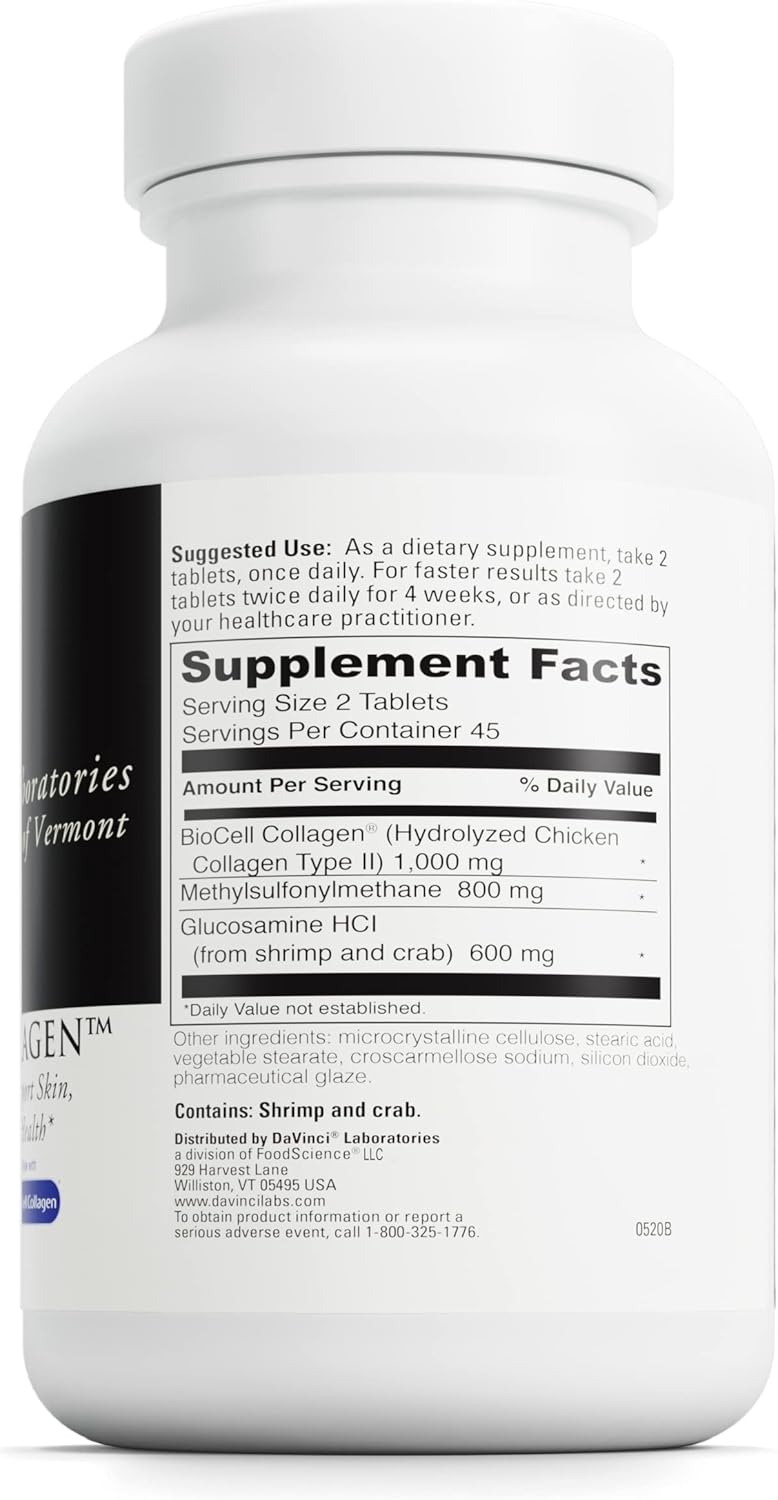 DAVINCI Labs Natures Collagen Supplement with MSM & Glucosamine - Supports Joint Health, Skin & Connective Tissues - Gluten-Free - 90 Tablets
