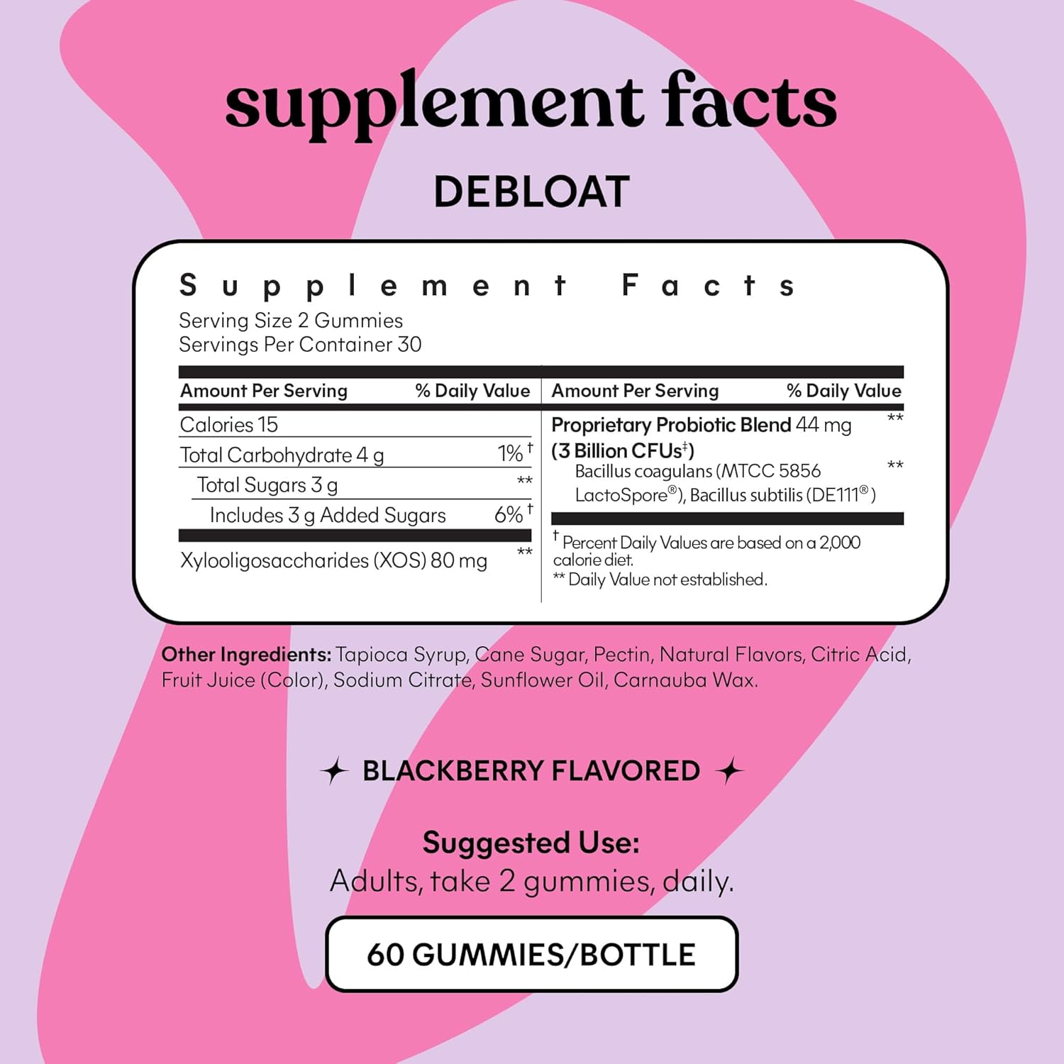 Debloat Digestive & Gut Health Gummies - 2 Clinically Studied Probiotics & Prebiotic - 3 Billion CFUs - Vegan, Gluten Free - BlackBerry Flavor - 60 Count