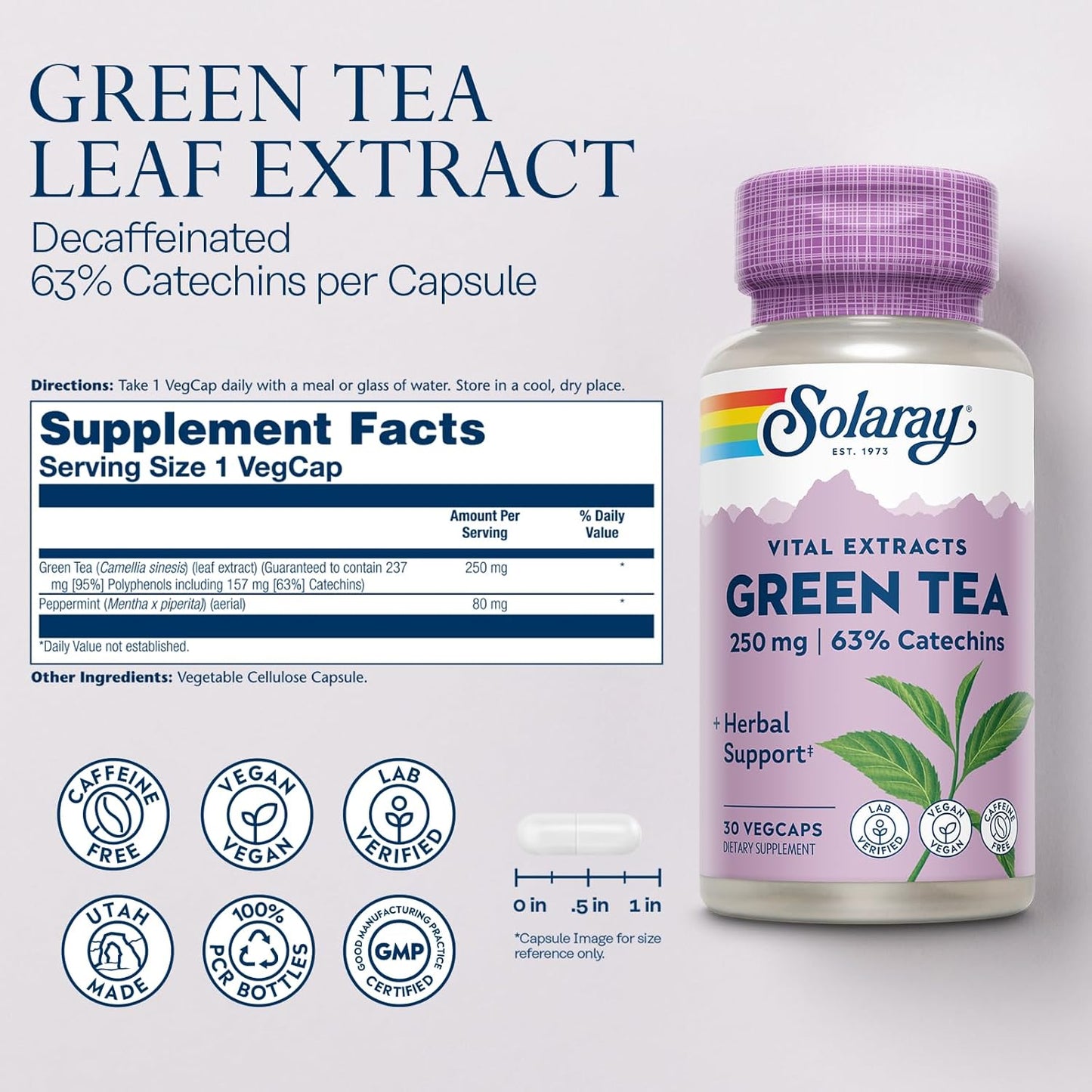 Decaffeinated Green Tea Extract Capsules - 250mg EGCG Supplements - Vegan, 30 Servings - SOLARAY Green Tea Extract