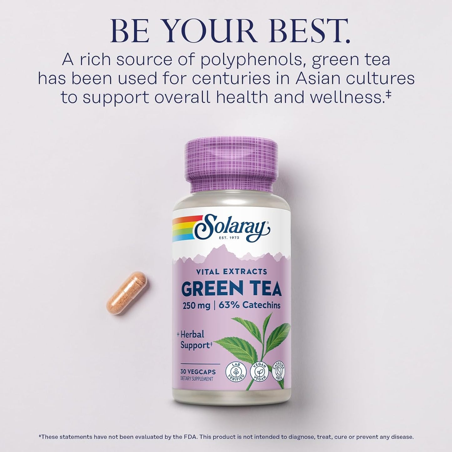 Decaffeinated Green Tea Extract Capsules - 250mg EGCG Supplements - Vegan, 30 Servings - SOLARAY Green Tea Extract