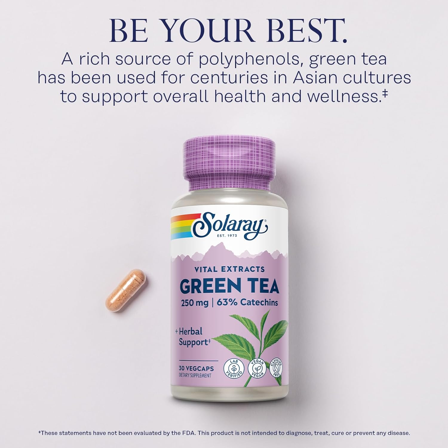 Decaffeinated Green Tea Extract Capsules - 250mg EGCG Supplements - Vegan, 30 Servings - SOLARAY Green Tea Extract