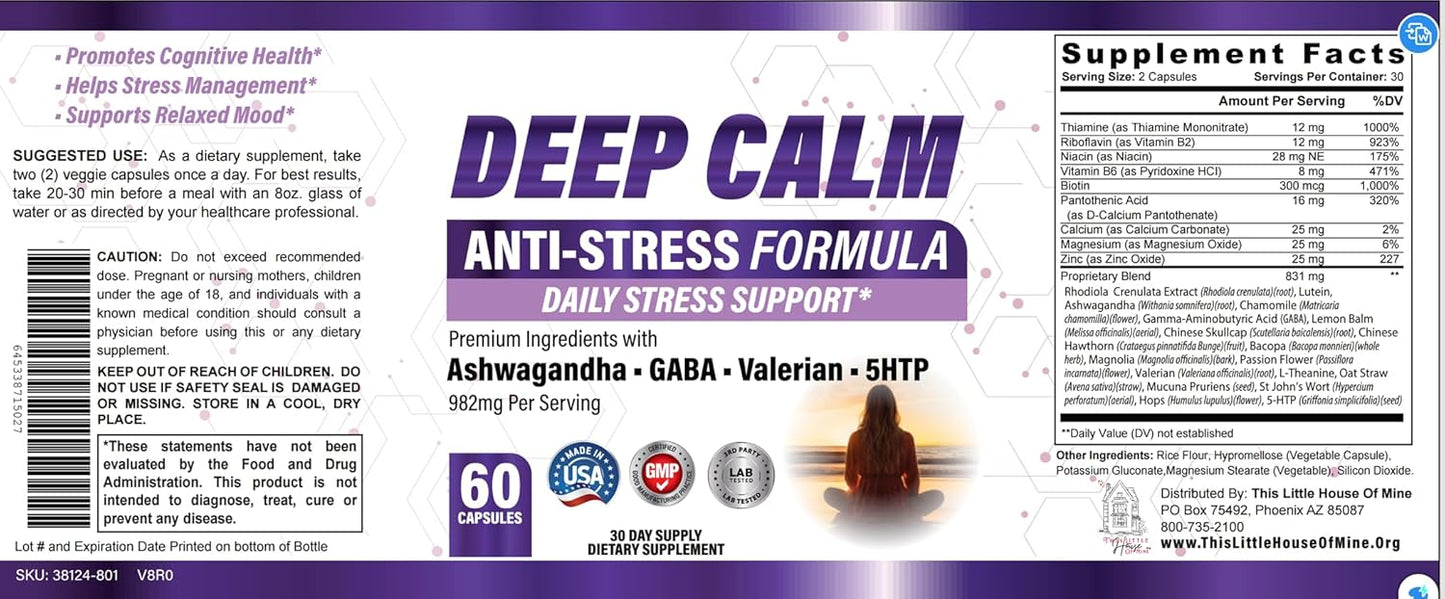 Deep Calm Stress Support Supplement - 60 Capsules, Natural Anxiety Relief, 30 Day Supply