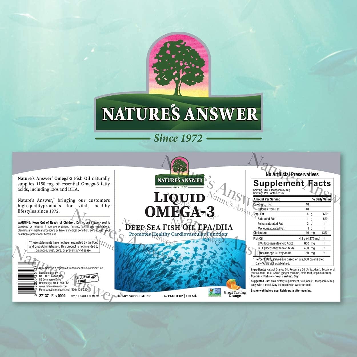 Deep Sea Fish Oil Liquid Supplement with Omega-3 EPA/DHA for Cardiovascular Support - 16oz x 2-Pack, Preservative-Free & Gluten-Free