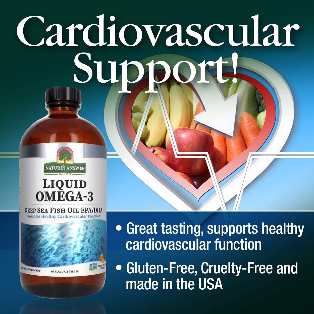 Deep Sea Fish Oil Liquid Supplement with Omega-3 EPA/DHA for Cardiovascular Support - 16oz x 2-Pack, Preservative-Free & Gluten-Free
