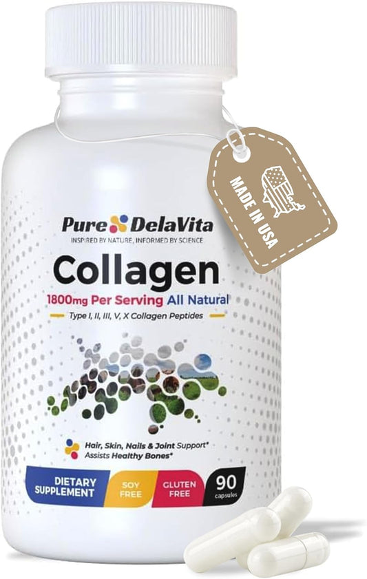 DelaVita Complete Collagen Capsules for Women - Types I, II, III, V, X, 1800mg - Hair, Skin, Nails, Joints & Bone Health - High Absorption - Anti-Aging - Non-GMO, Gluten-Free - 90 Capsules
