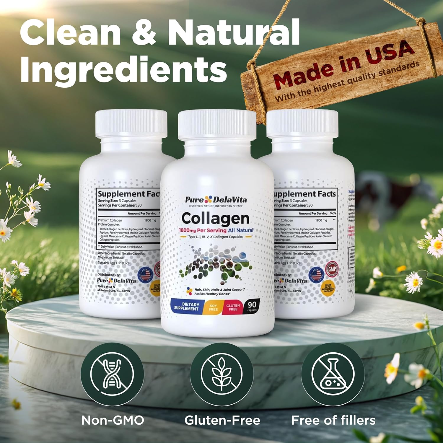 DelaVita Complete Collagen Capsules for Women - Types I, II, III, V, X, 1800mg - Hair, Skin, Nails, Joints & Bone Health - High Absorption - Anti-Aging - Non-GMO, Gluten-Free - 90 Capsules