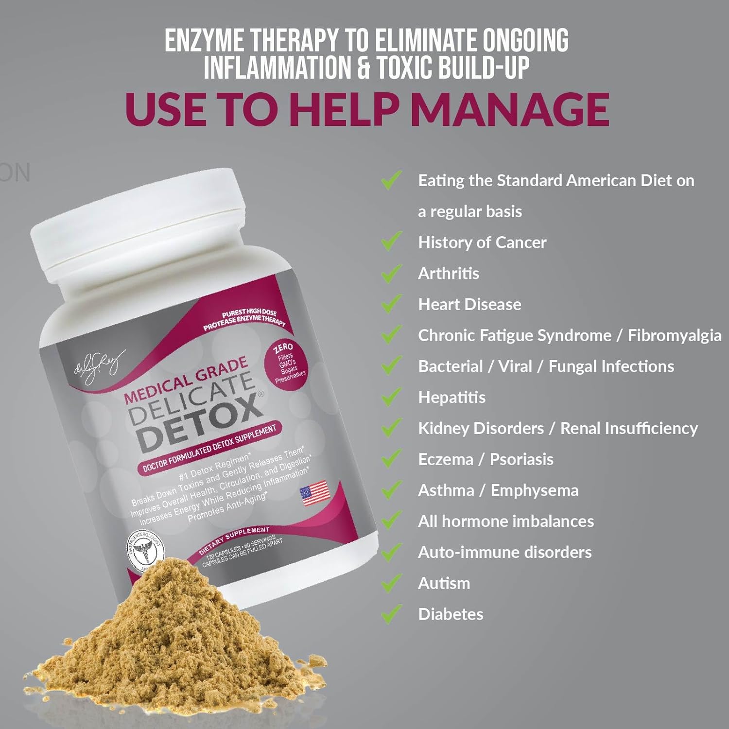 Delicate Detox Enzymes Supplement - Medical-Grade Protease Enzymes, 120 Veggie Capsules, Non-GMO Dietary Supplement