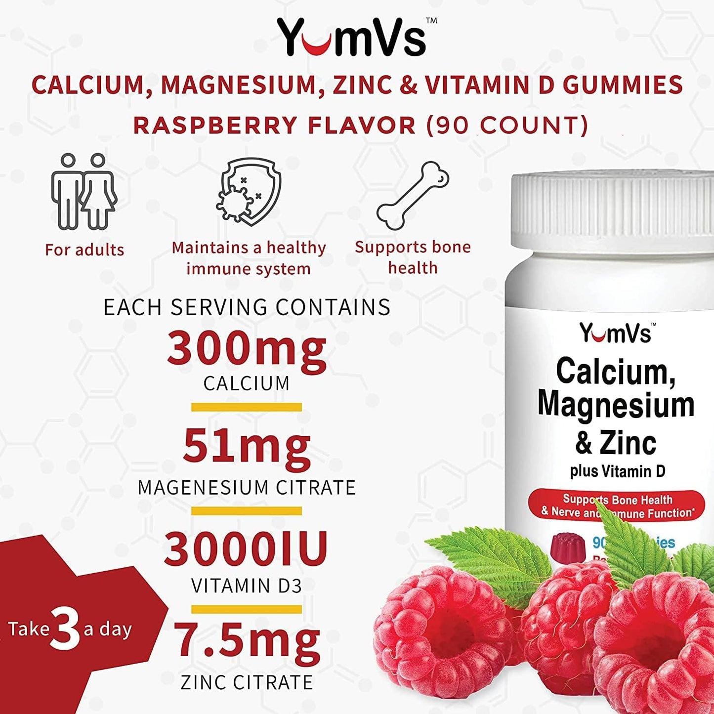Delicious Calcium, Magnesium, Zinc, and Vitamin D Gummies - 90 Count Bone Health Supplement for Men, Women, and Kids - YUM-V'S Gummy