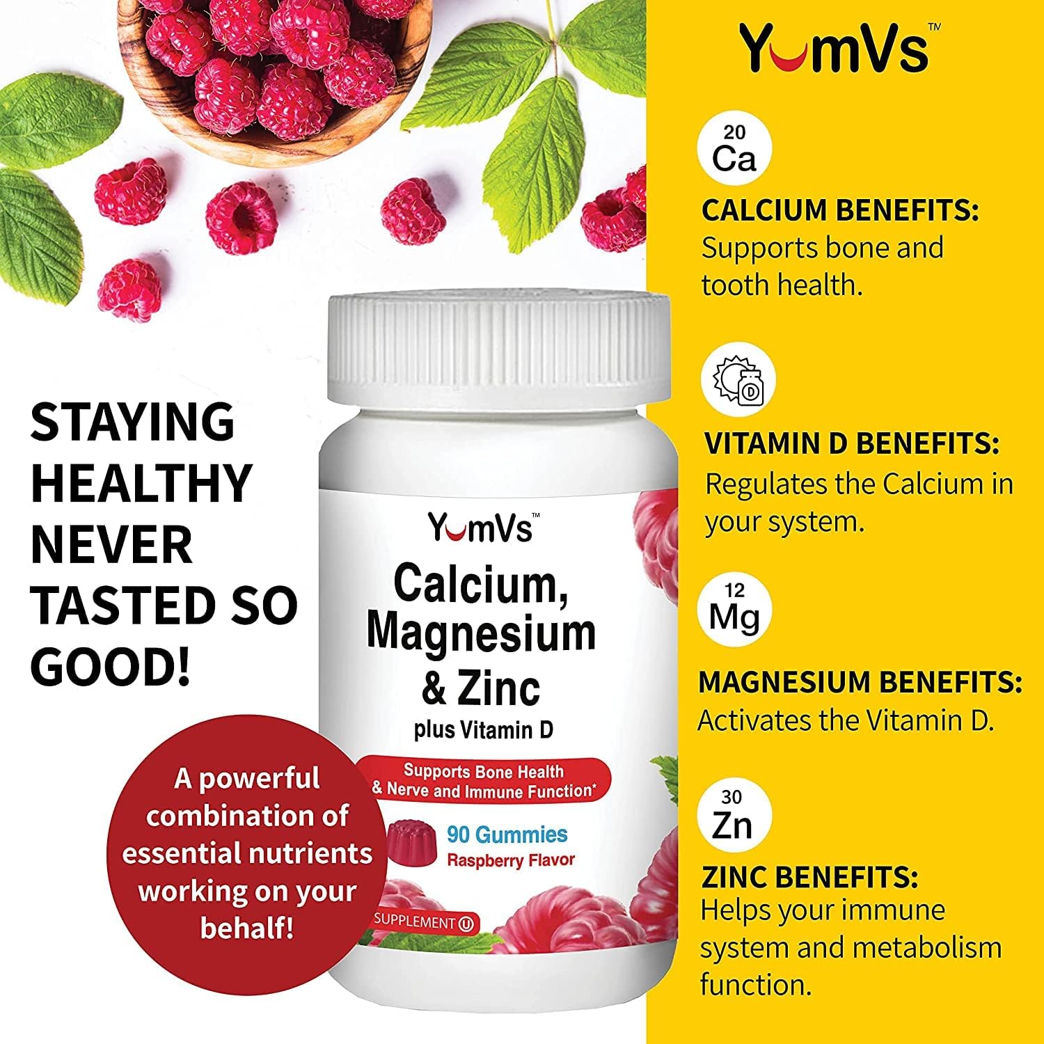 Delicious Calcium, Magnesium, Zinc, and Vitamin D Gummies - 90 Count Bone Health Supplement for Men, Women, and Kids - YUM-V'S Gummy