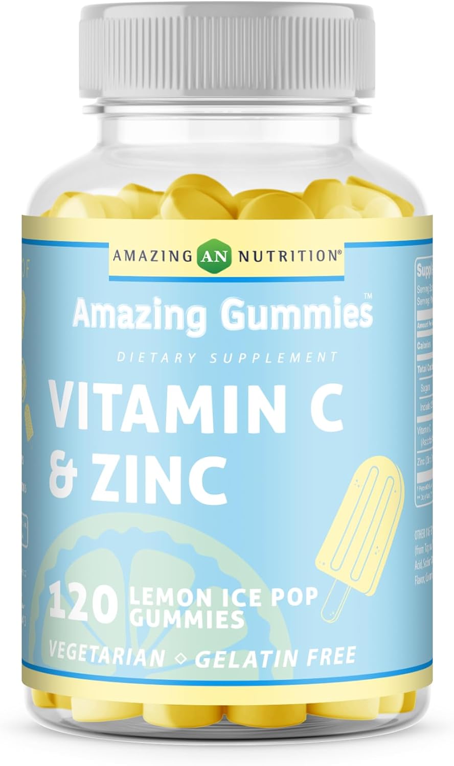 Delicious Lemon Ice Pop Flavored Vitamin C with Zinc Gummies - 120 Count by Amazing Nutrition Amazing Formulas