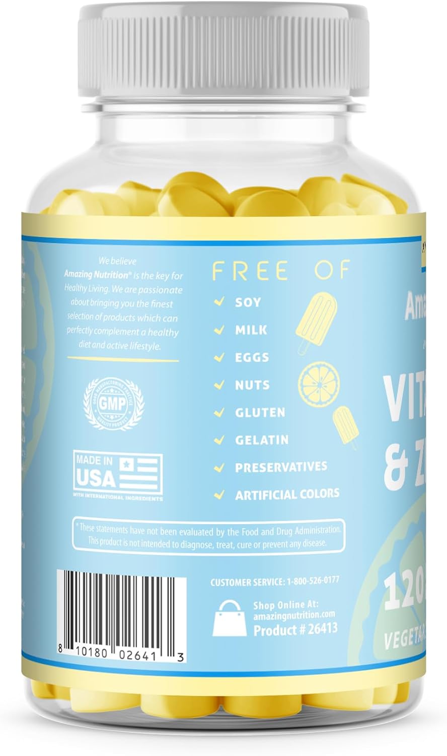Delicious Lemon Ice Pop Flavored Vitamin C with Zinc Gummies - 120 Count by Amazing Nutrition Amazing Formulas