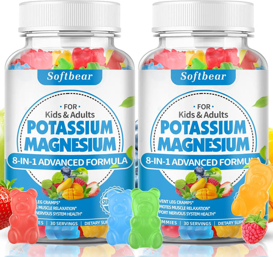 Delicious Mixed Fruit Flavored Sugar-Free Potassium Magnesium Gummies - 120 Count for Adults & Kids, High Absorption Supplement for Leg Cramps, Muscles, & Immune Health