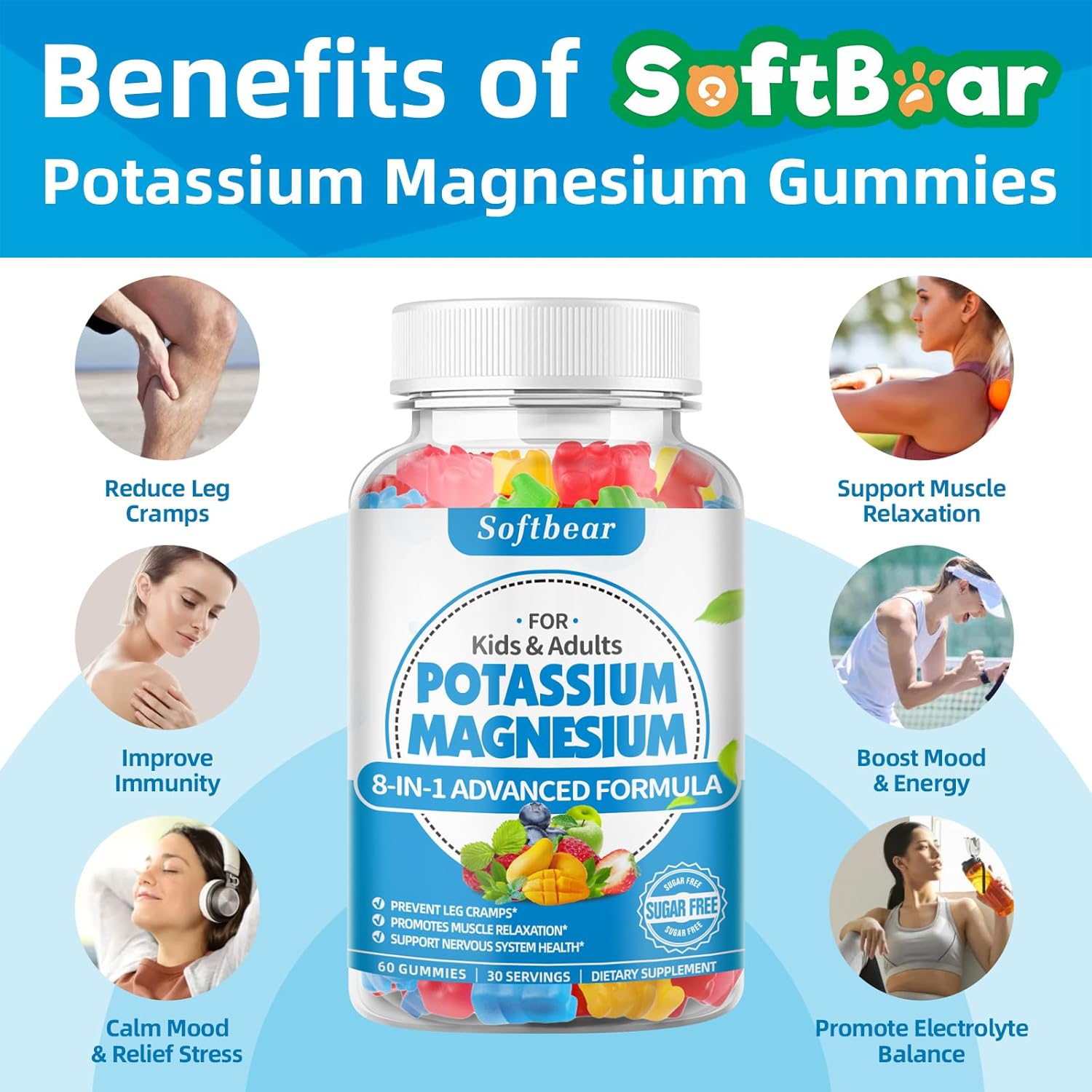 Delicious Mixed Fruit Flavored Sugar-Free Potassium Magnesium Gummies - 120 Count for Adults & Kids, High Absorption Supplement for Leg Cramps, Muscles, & Immune Health