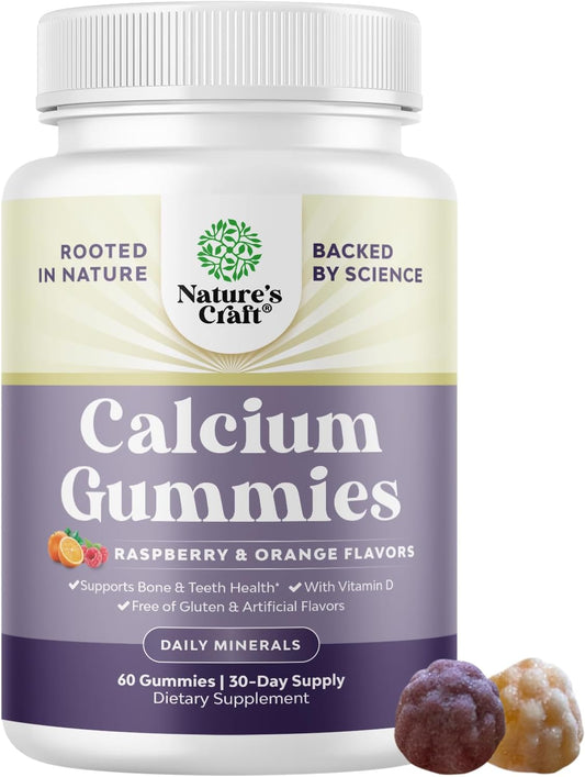 Delicious Natures Craft Calcium Gummies with Vitamin D3 - High Absorption Chewable Supplement for Bone Health & Immune Support - Gelatin-Free 60ct (1 Pack)